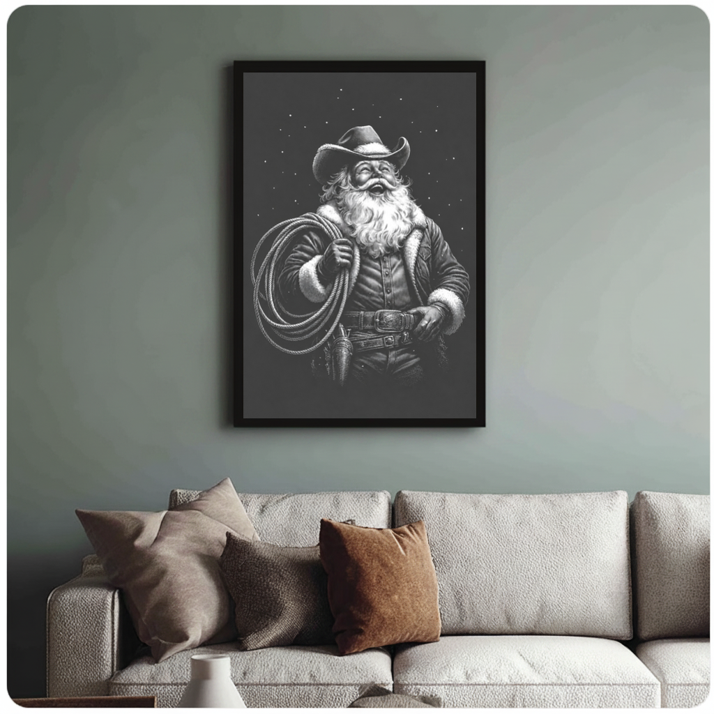 Framed cowboy santa with lasso canvas above a neutral sofa with cushions against a muted wall.