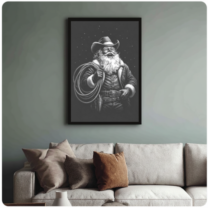 Framed cowboy santa with lasso canvas above a neutral sofa with cushions against a muted wall.