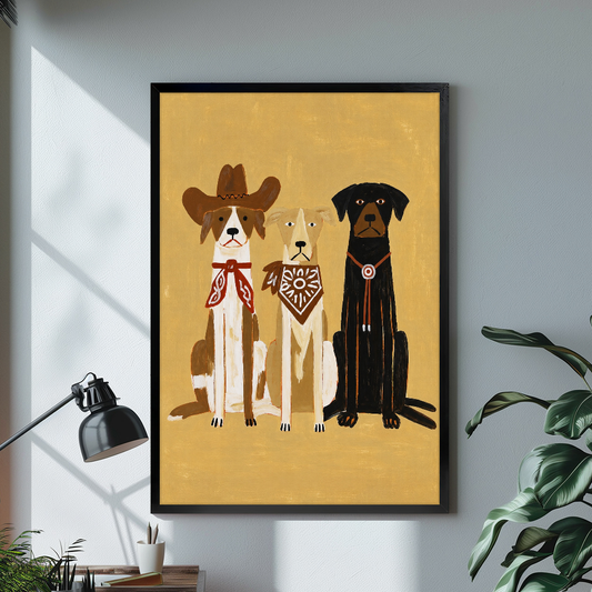 Black framed three western dog friends canvas on a pale wall above a desk and plant.