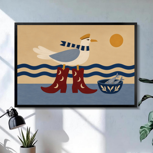 Black framed cowboy seagull red boots canvas on a pale wall above a desk and plant.