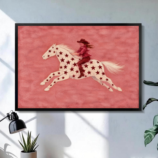 Black framed star horse pink rider canvas on a pale wall above a desk and plant.