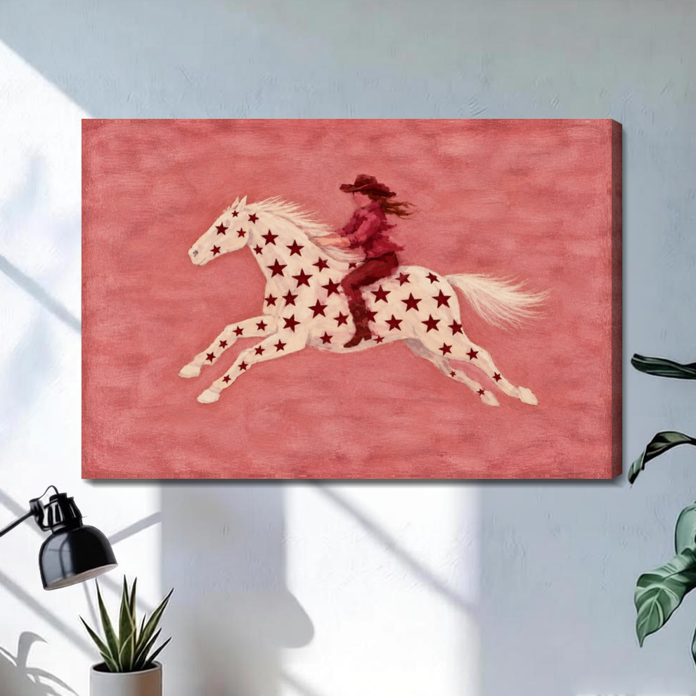 Stretched star horse pink rider canvas with a shaded wrapped edge in the selected room setting.