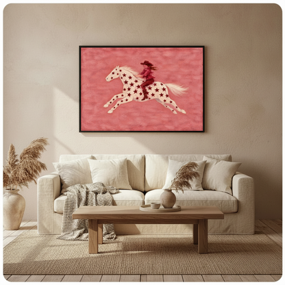 Framed star horse pink rider canvas above a neutral sofa beside pampas grass and a coffee table.