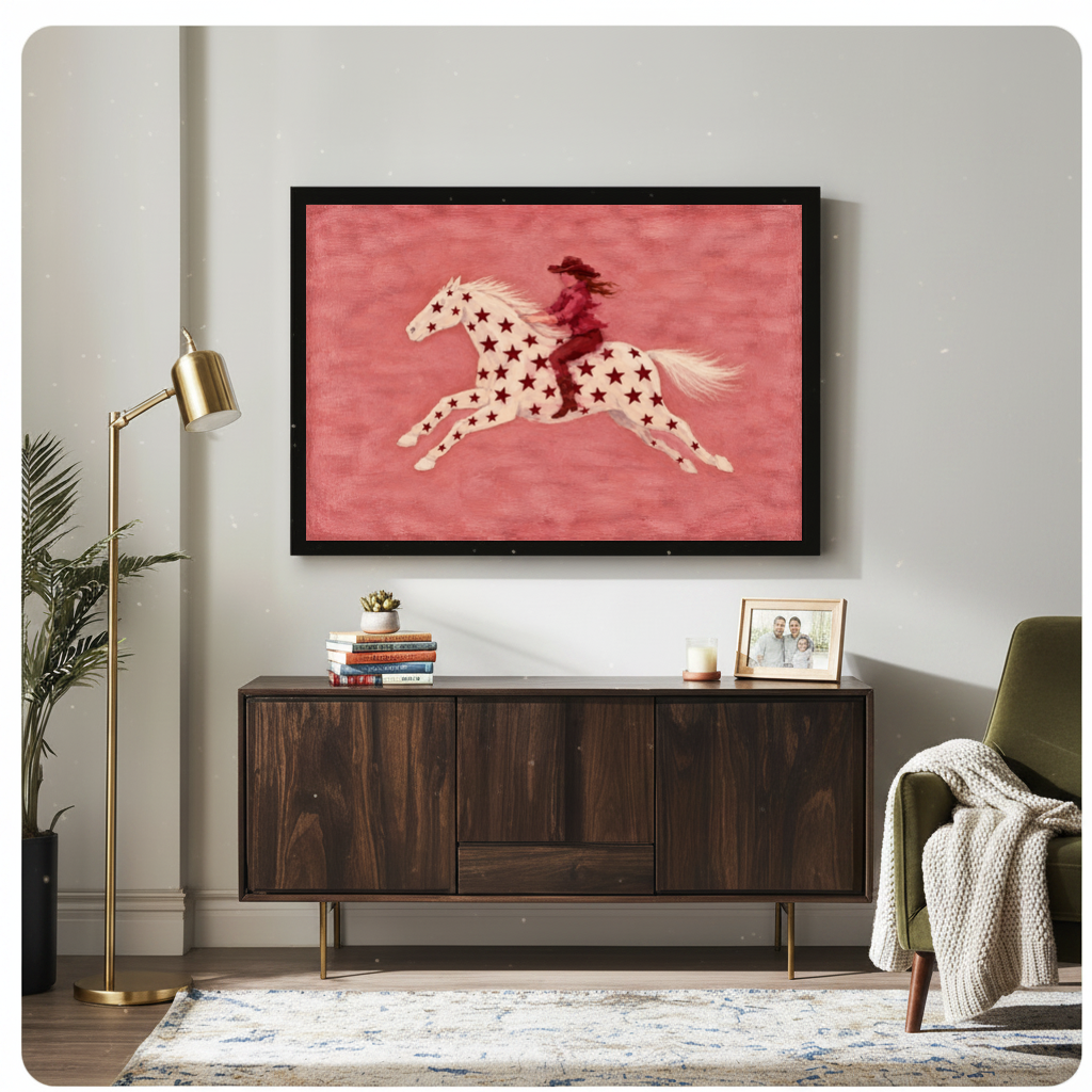 Framed star horse pink rider canvas above a wooden sideboard beside books and an angled brass lamp.