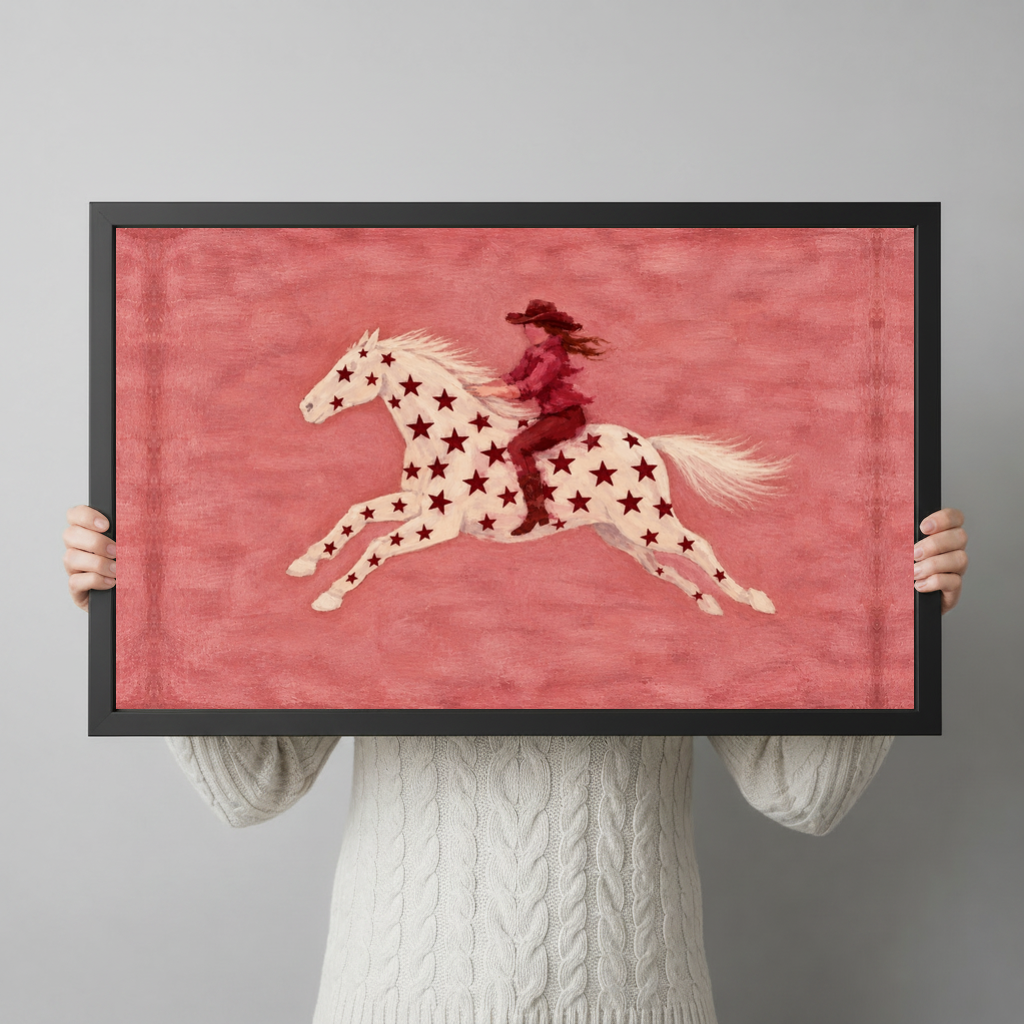 Framed star horse pink rider canvas held horizontally by a person wearing a cream sweater against a light background.