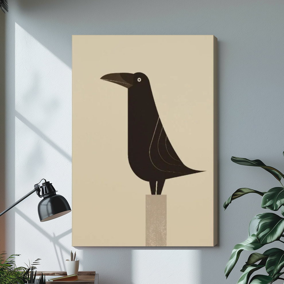 Stretched minimal raven on pedestal canvas with a shaded wrapped edge in the selected room setting.