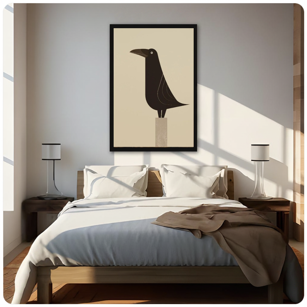 Framed minimal raven on pedestal canvas above a neutral bed beside soft bedroom lighting and lamps.