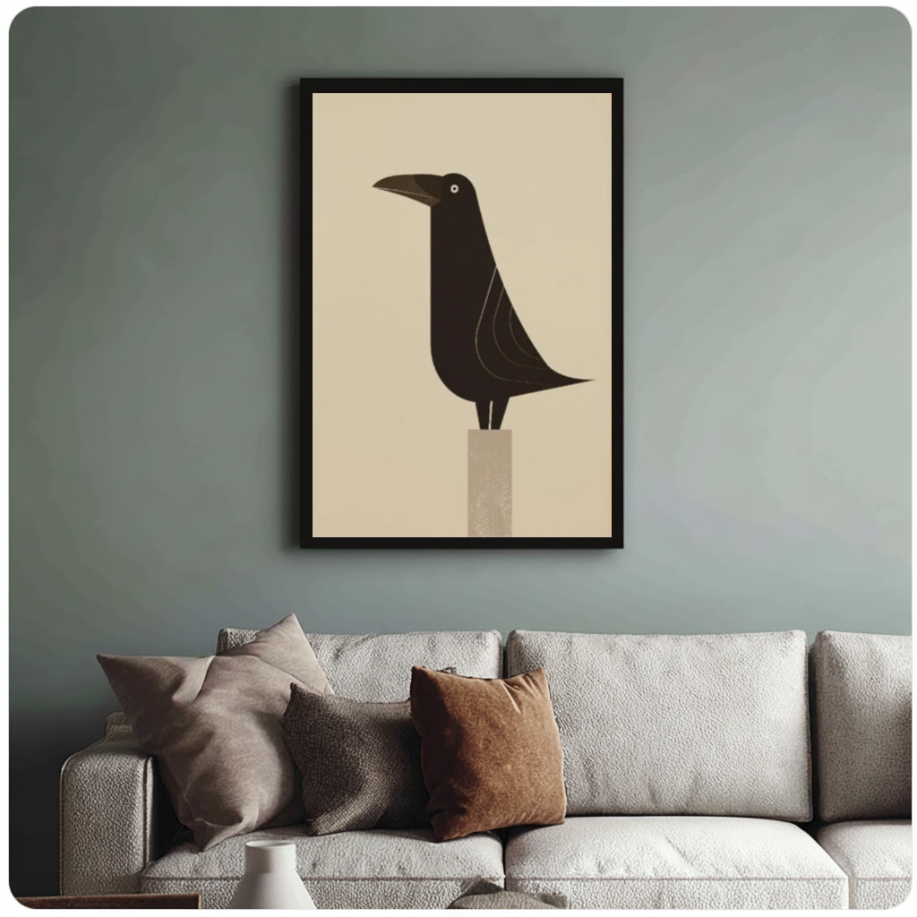 Framed minimal raven on pedestal canvas above a neutral sofa with cushions against a muted wall.