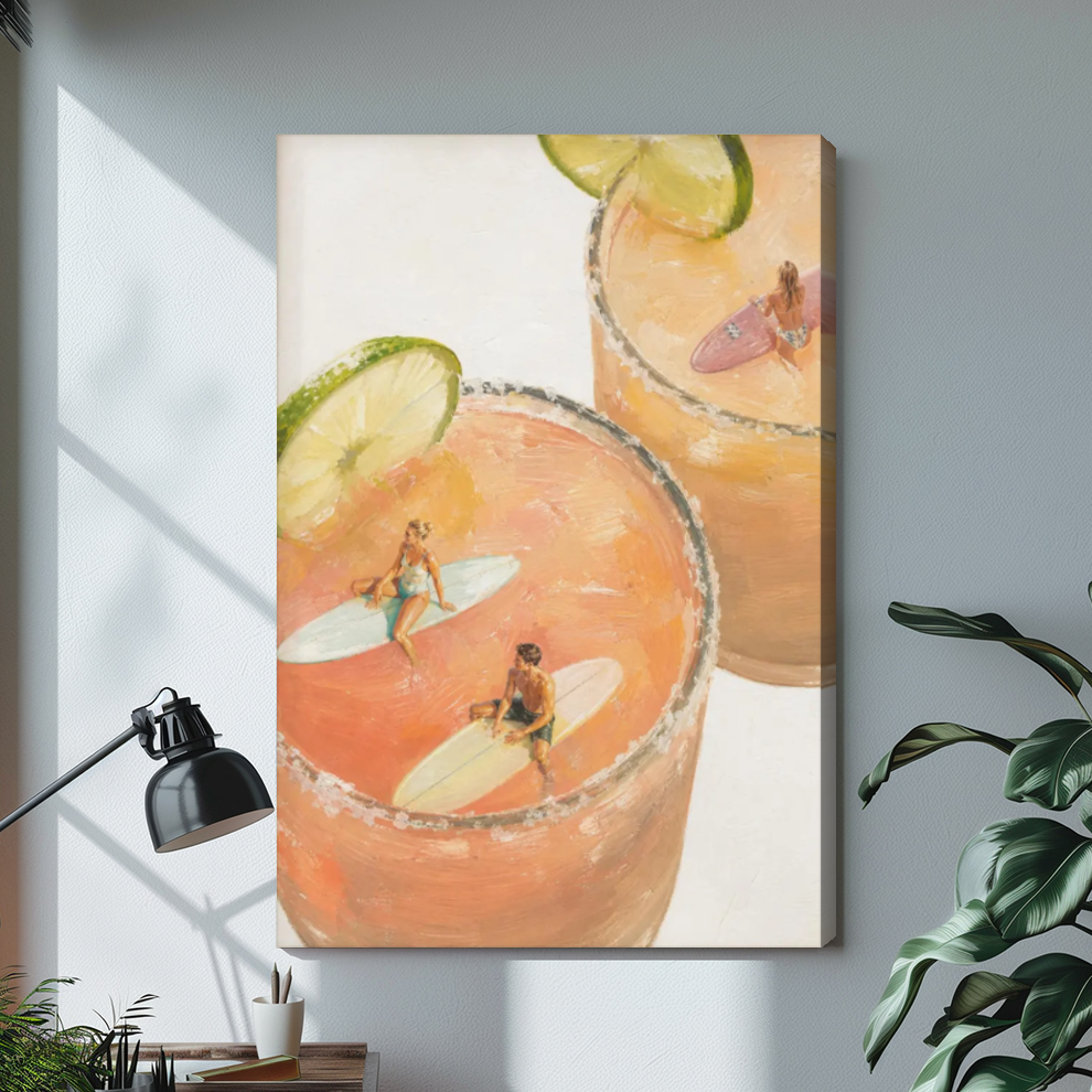 Stretched tiny surfers cocktail pools canvas with a shaded wrapped edge in the selected room setting.
