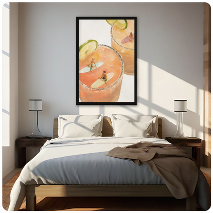 Framed tiny surfers cocktail pools canvas above a neutral bed beside soft bedroom lighting and lamps.