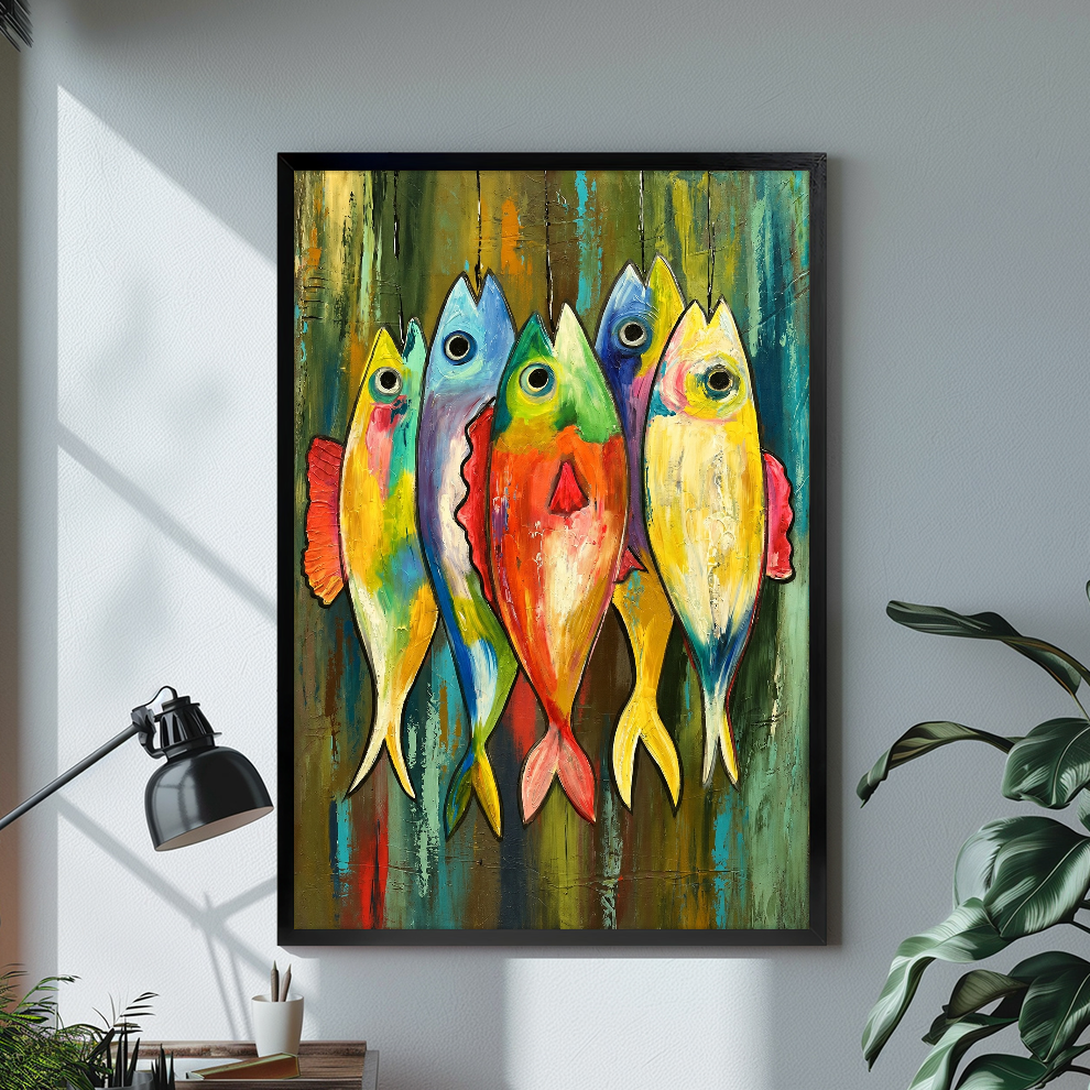 Black framed five colorful hanging fish canvas on a pale wall above a desk and plant.