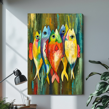 Stretched five colorful hanging fish canvas with a shaded wrapped edge in the selected room setting.
