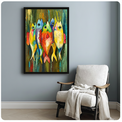 Framed five colorful hanging fish canvas beside a pale reading chair on a blue gray wall.