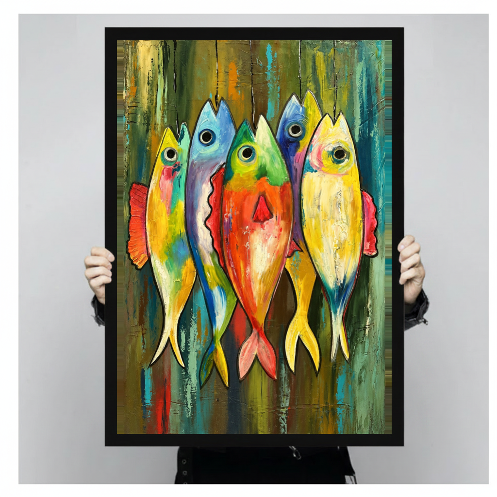 Framed five colorful hanging fish canvas held by a person against a light neutral background.