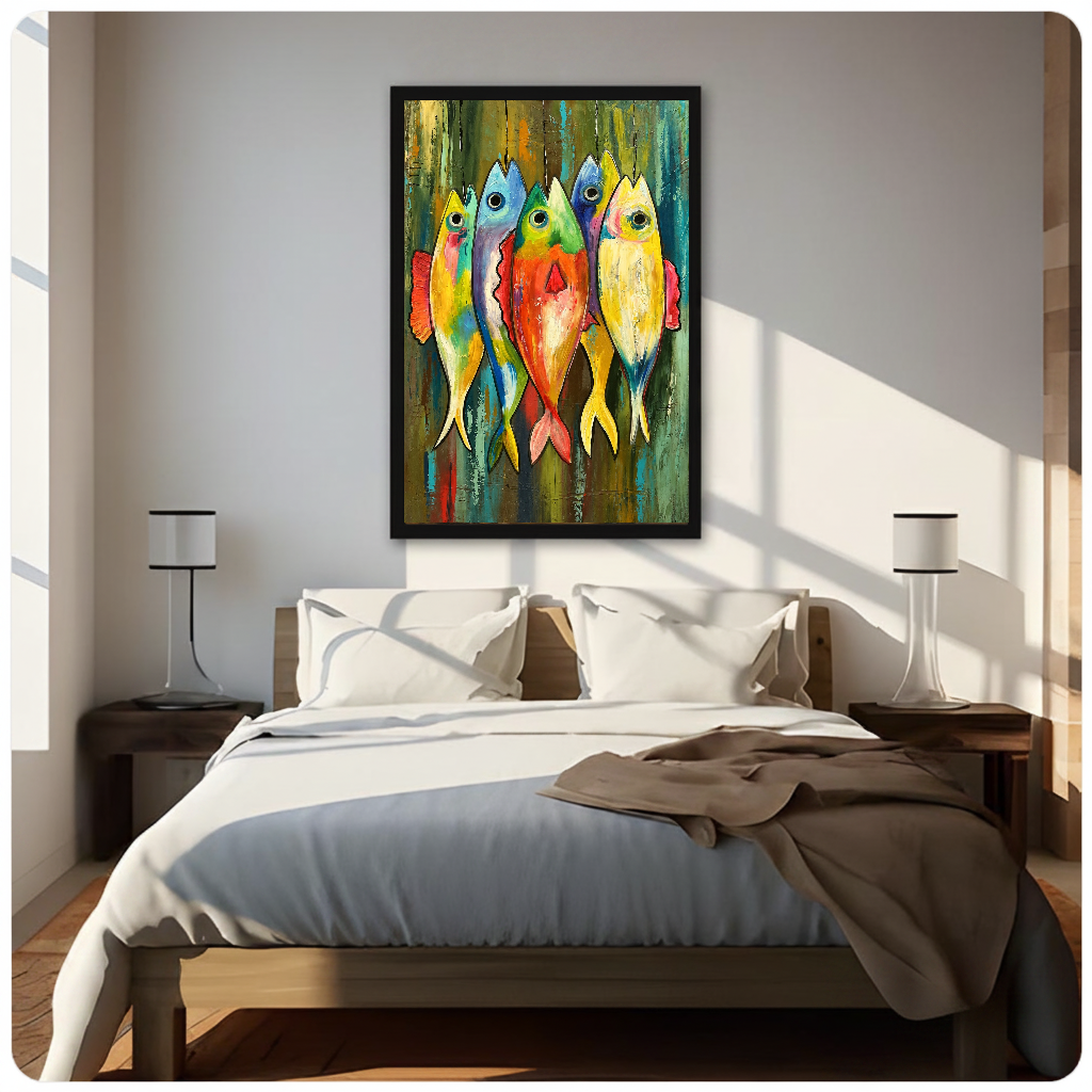 Framed five colorful hanging fish canvas above a neutral bed beside soft bedroom lighting and lamps.
