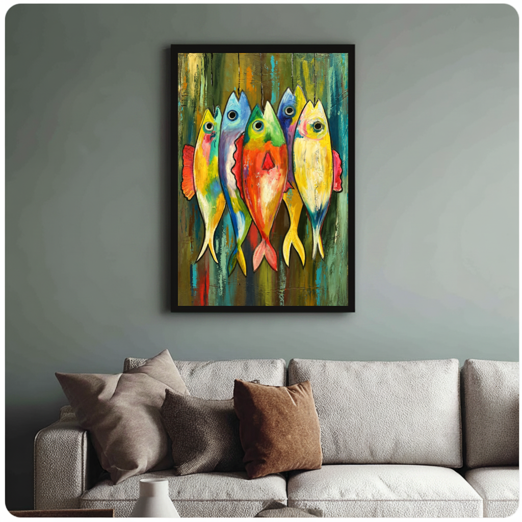 Framed five colorful hanging fish canvas above a neutral sofa with cushions against a muted wall.
