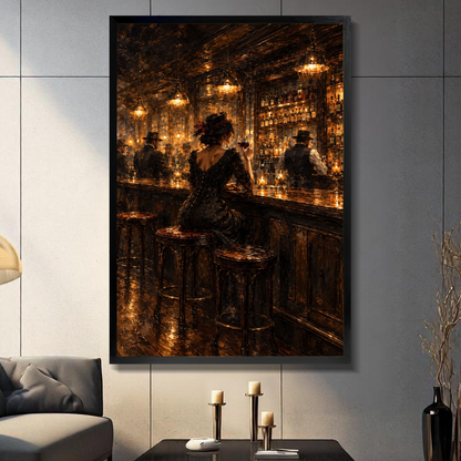 Black framed woman in golden bar canvas on a dark paneled wall beside warm candles.