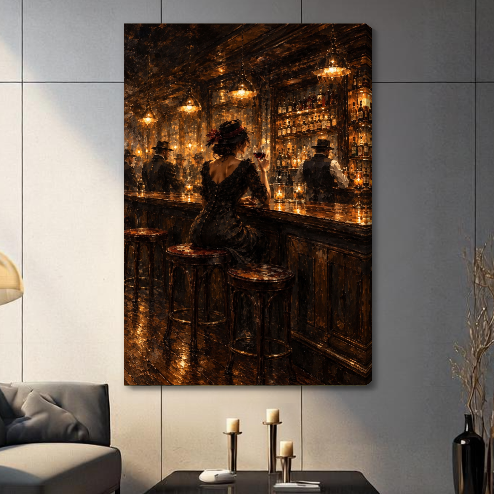 Stretched woman in golden bar canvas with a shaded wrapped edge in the selected room setting.