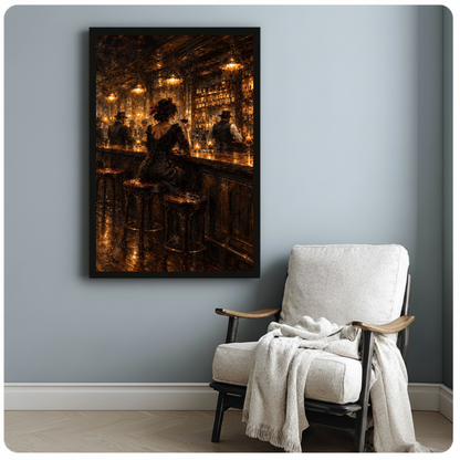 Framed woman in golden bar canvas beside a pale reading chair on a blue gray wall.