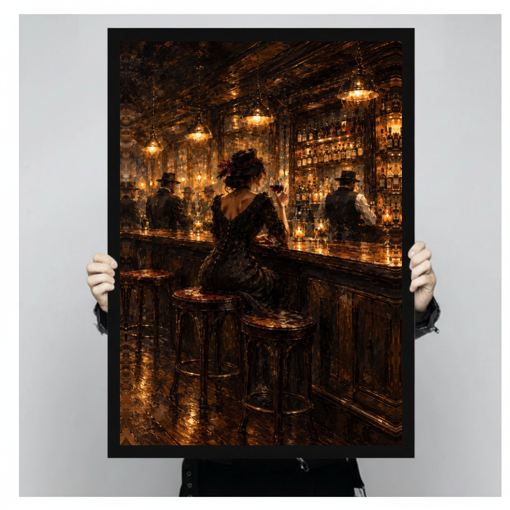 Framed woman in golden bar canvas held by a person against a light neutral background.