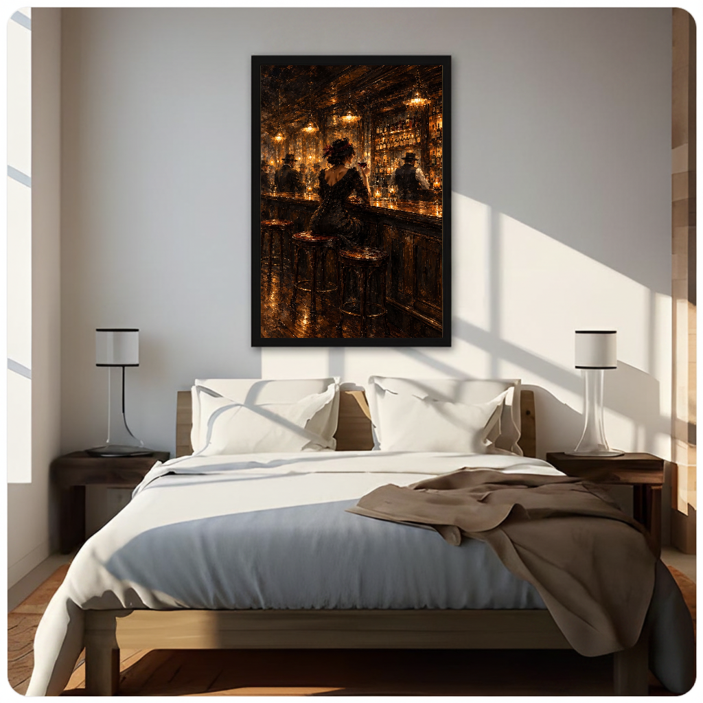 Framed woman in golden bar canvas above a neutral bed beside soft bedroom lighting and lamps.
