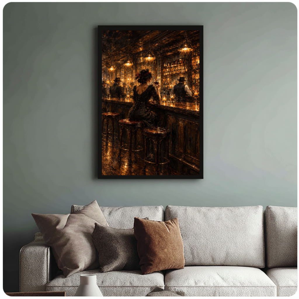 Framed woman in golden bar canvas above a neutral sofa with cushions against a muted wall.
