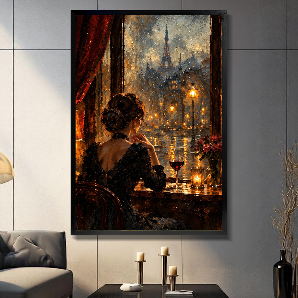 Black framed paris window wine woman canvas on a dark paneled wall beside warm candles.