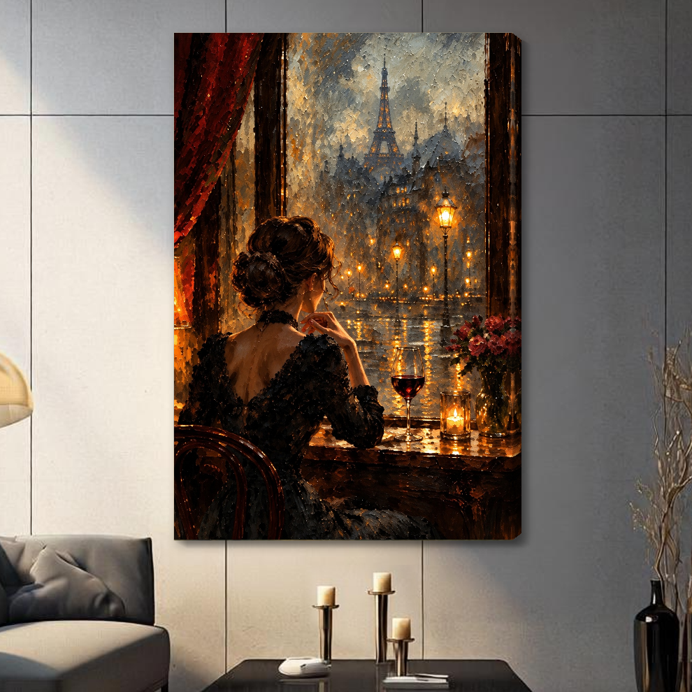 Stretched paris window wine woman canvas with a shaded wrapped edge in the selected room setting.