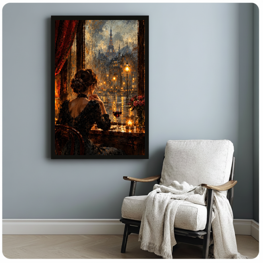 Framed paris window wine woman canvas beside a pale reading chair on a blue gray wall.