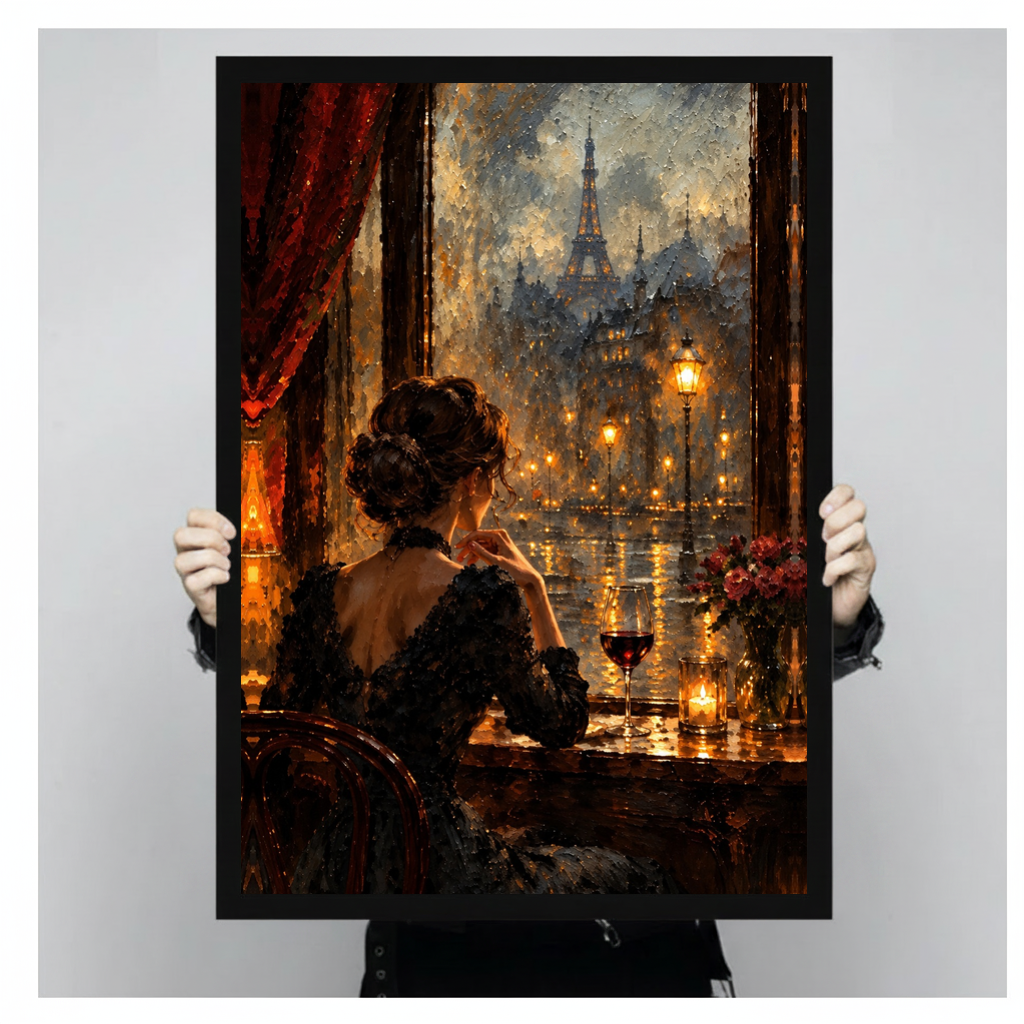 Framed paris window wine woman canvas held by a person against a light neutral background.