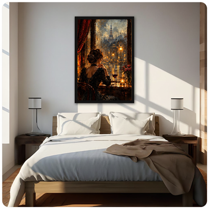 Framed paris window wine woman canvas above a neutral bed beside soft bedroom lighting and lamps.