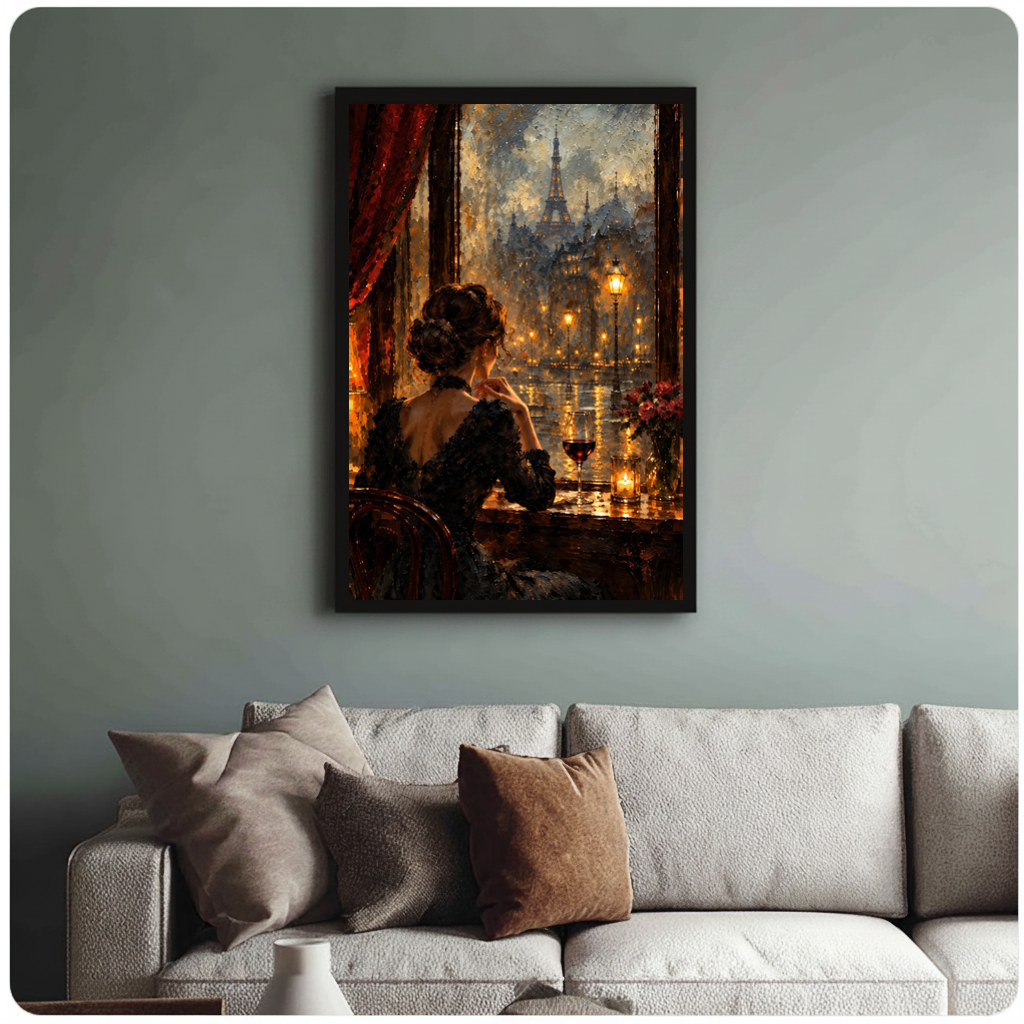Framed paris window wine woman canvas above a neutral sofa with cushions against a muted wall.