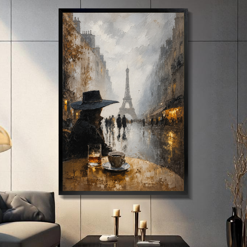 Black framed paris cafe black dog canvas on a dark paneled wall beside warm candles.