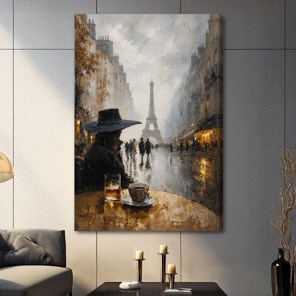 Stretched paris cafe black dog canvas with a shaded wrapped edge in the selected room setting.