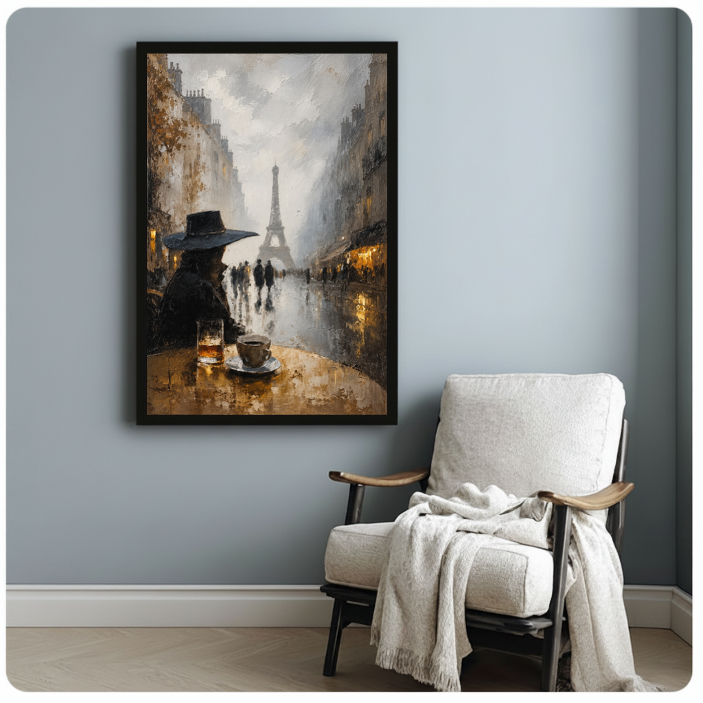 Framed paris cafe black dog canvas beside a pale reading chair on a blue gray wall.
