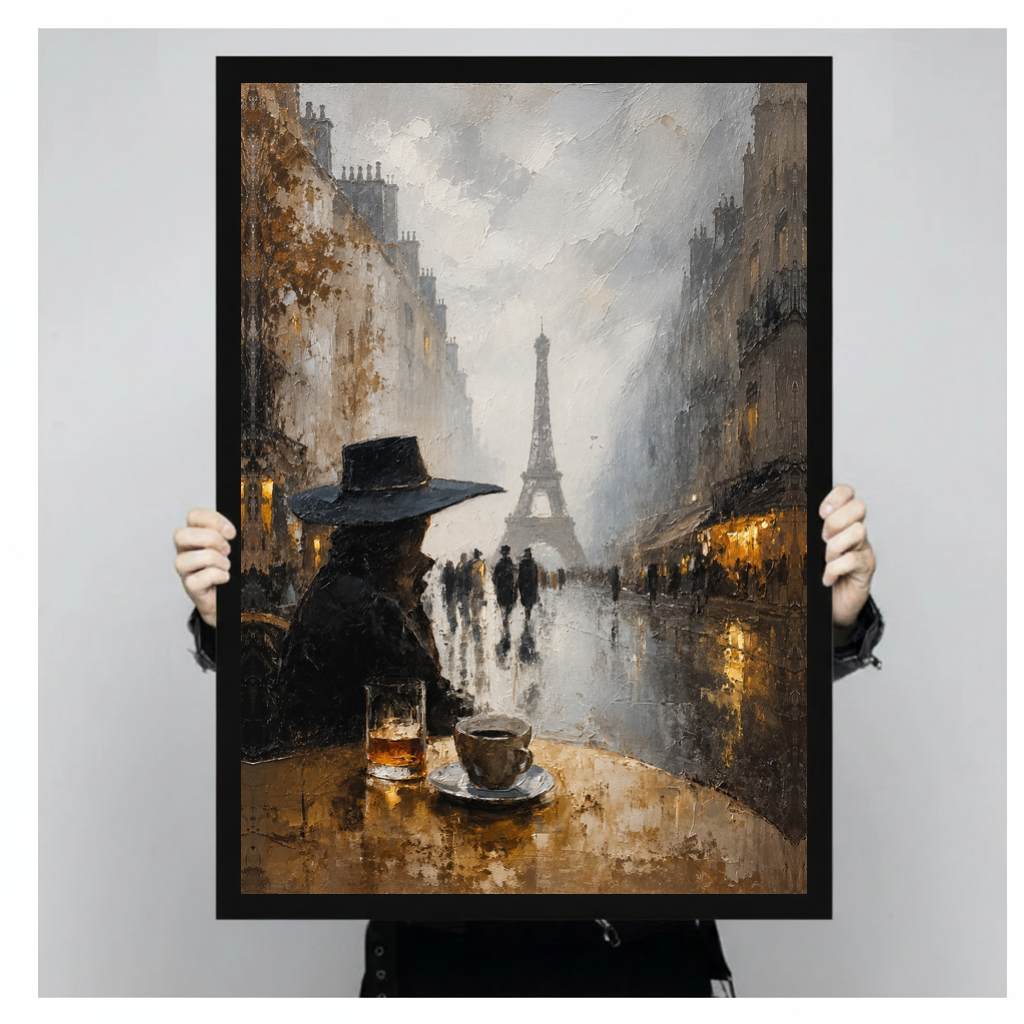 Framed paris cafe black dog canvas held by a person against a light neutral background.