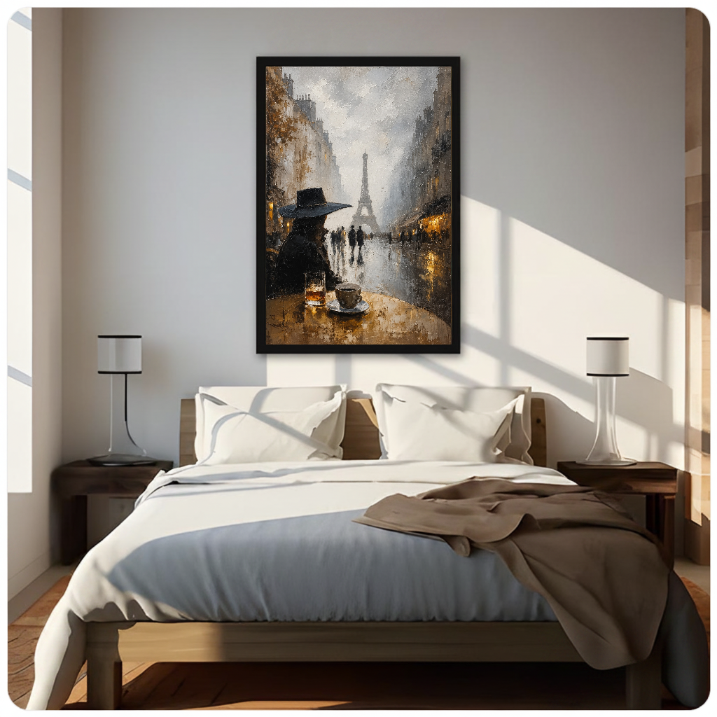 Framed paris cafe black dog canvas above a neutral bed beside soft bedroom lighting and lamps.