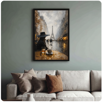 Framed paris cafe black dog canvas above a neutral sofa with cushions against a muted wall.