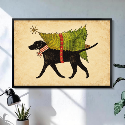 Black framed christmas tree delivery dog canvas on a pale wall above a desk and plant.