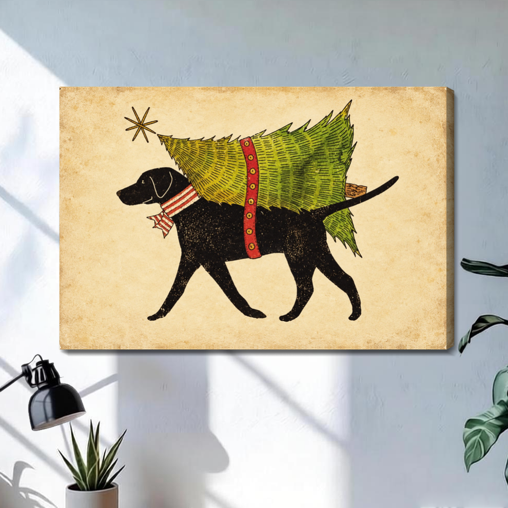 Stretched christmas tree delivery dog canvas with a shaded wrapped edge in the selected room setting.