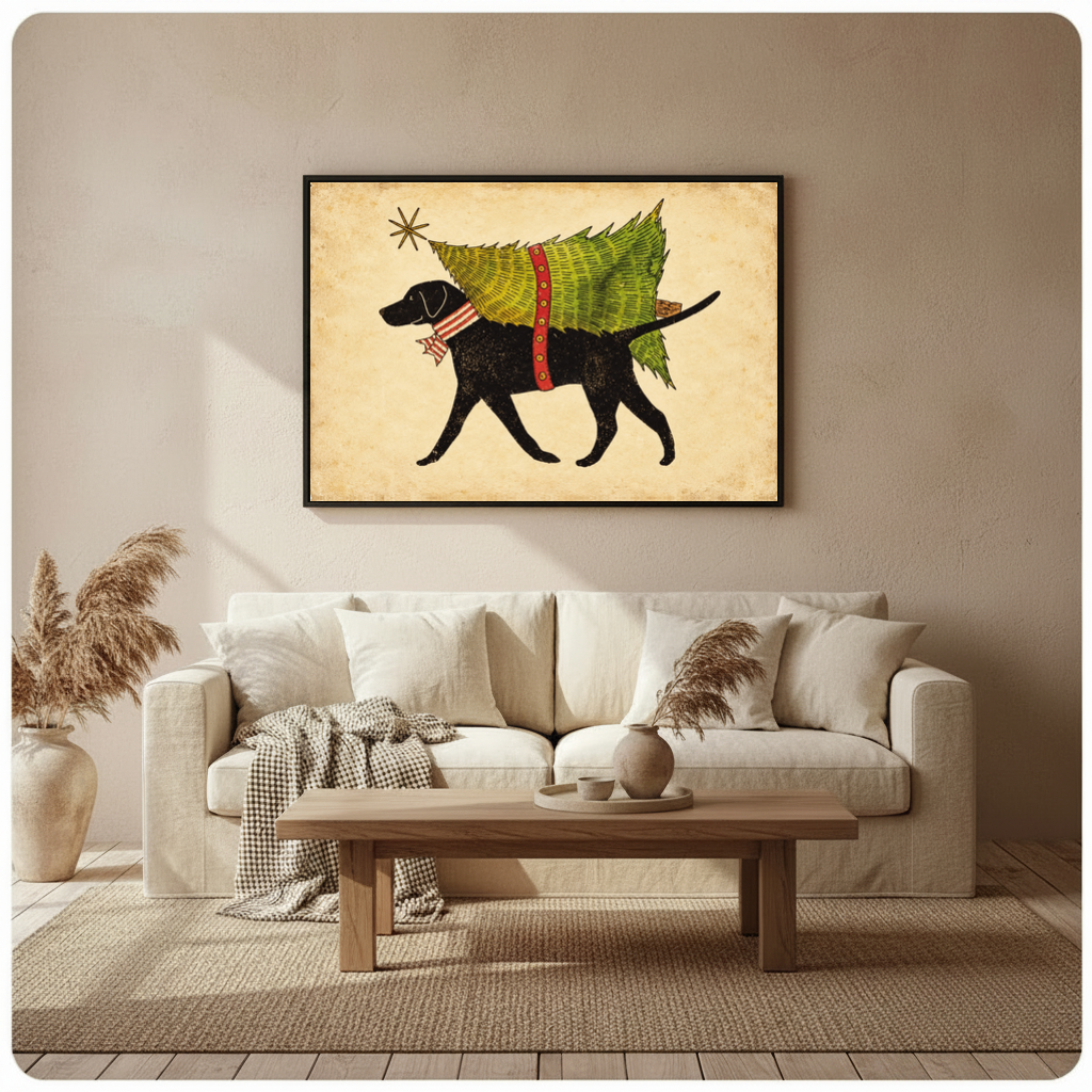 Framed christmas tree delivery dog canvas above a neutral sofa beside pampas grass and a coffee table.