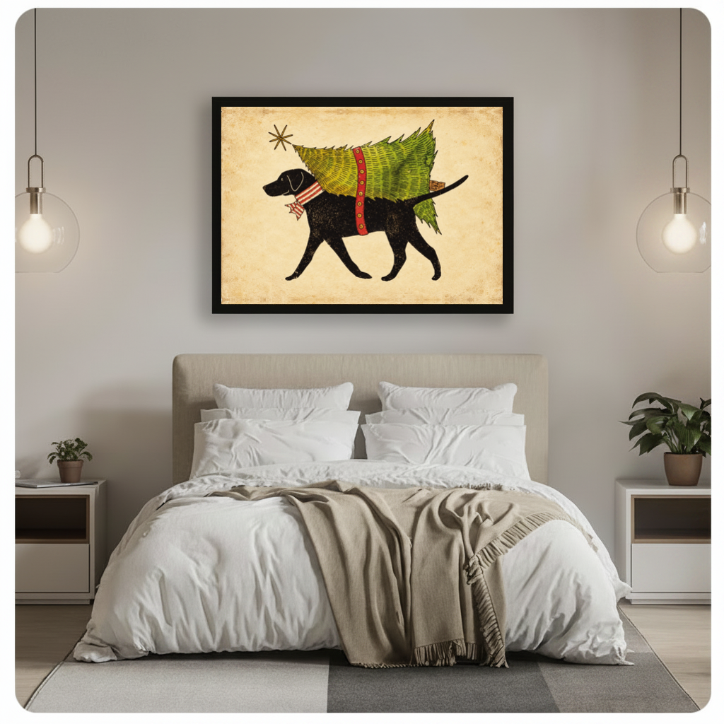 Framed christmas tree delivery dog canvas above a gray bed between hanging pendant lamps in a neutral bedroom.