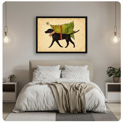 Framed christmas tree delivery dog canvas above a gray bed between hanging pendant lamps in a neutral bedroom.