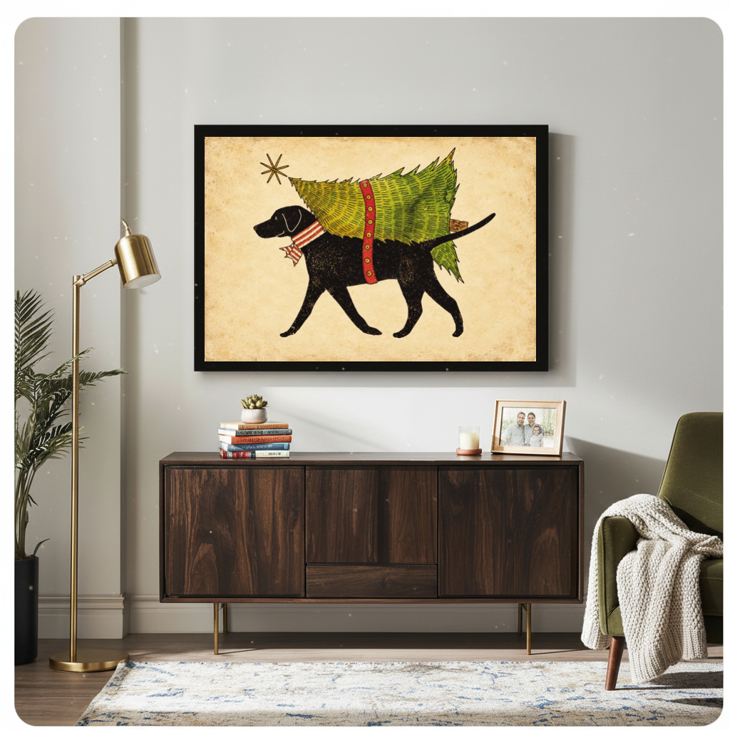 Framed christmas tree delivery dog canvas above a wooden sideboard beside books and an angled brass lamp.
