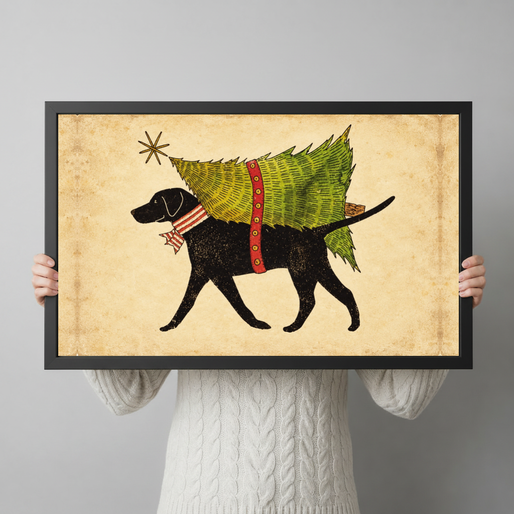 Framed christmas tree delivery dog canvas held horizontally by a person wearing a cream sweater against a light background.