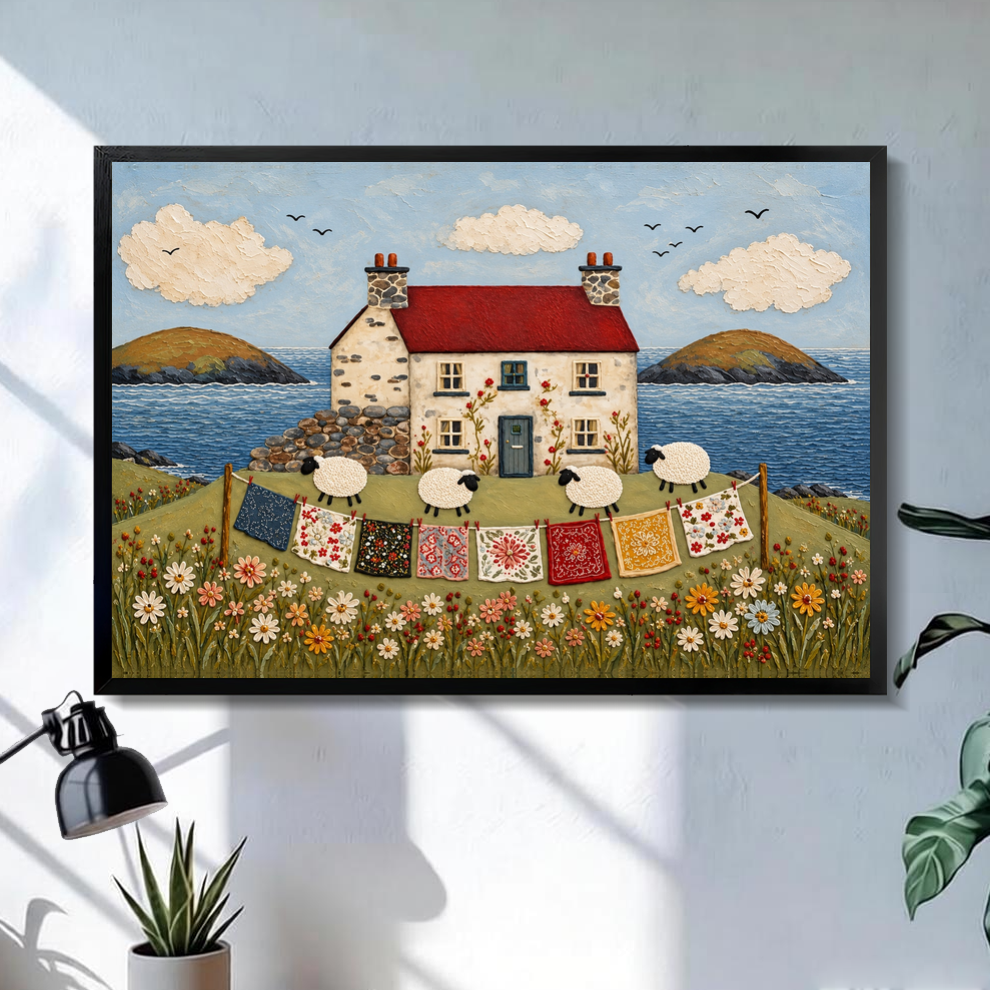 Black framed coastal cottage sheep quilts canvas on a pale wall above a desk and plant.