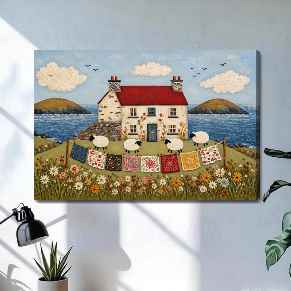 Stretched coastal cottage sheep quilts canvas with a shaded wrapped edge in the selected room setting.