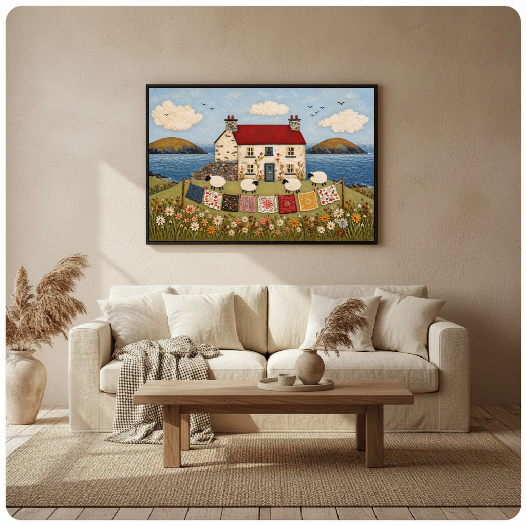 Framed coastal cottage sheep quilts canvas above a neutral sofa beside pampas grass and a coffee table.