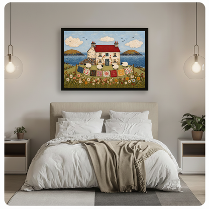 Framed coastal cottage sheep quilts canvas above a gray bed between hanging pendant lamps in a neutral bedroom.