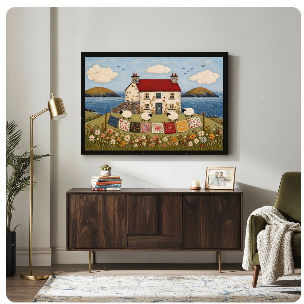 Framed coastal cottage sheep quilts canvas above a wooden sideboard beside books and an angled brass lamp.